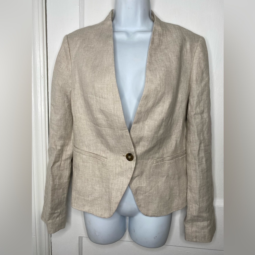 ANN TAYLOR LOFT NWT Single Button Collarless Linen Oatmeal Blazer